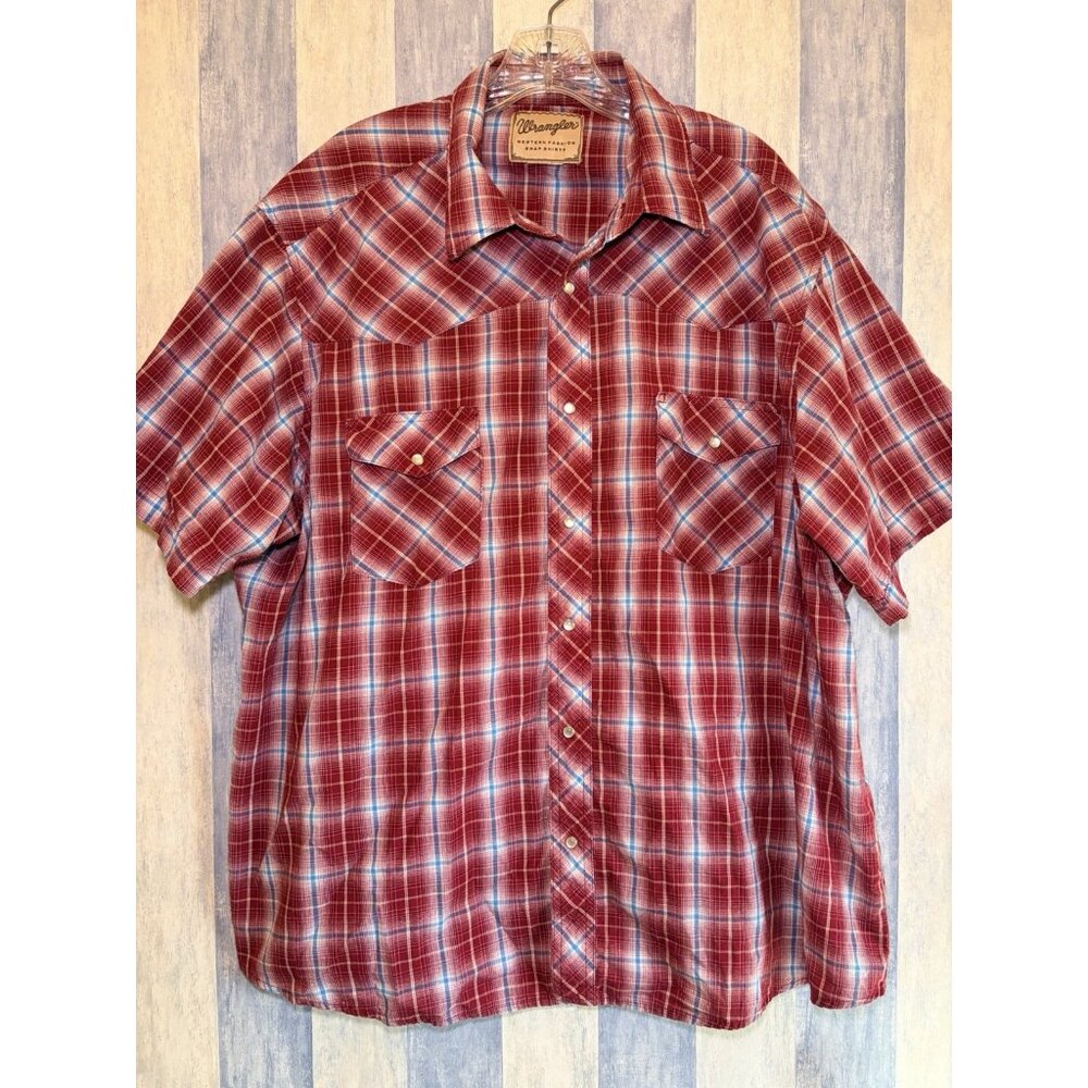 Wrangler Western Pearl Snap Button Red Plaid Short Sleeve Shirt,2XL Cowboy Rodeo
